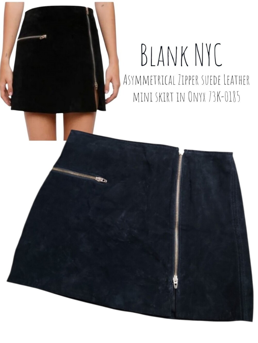 Blank NYC Women's Lg Asymmetrical Zipper suede Leather mini skirt Black 73K-0185